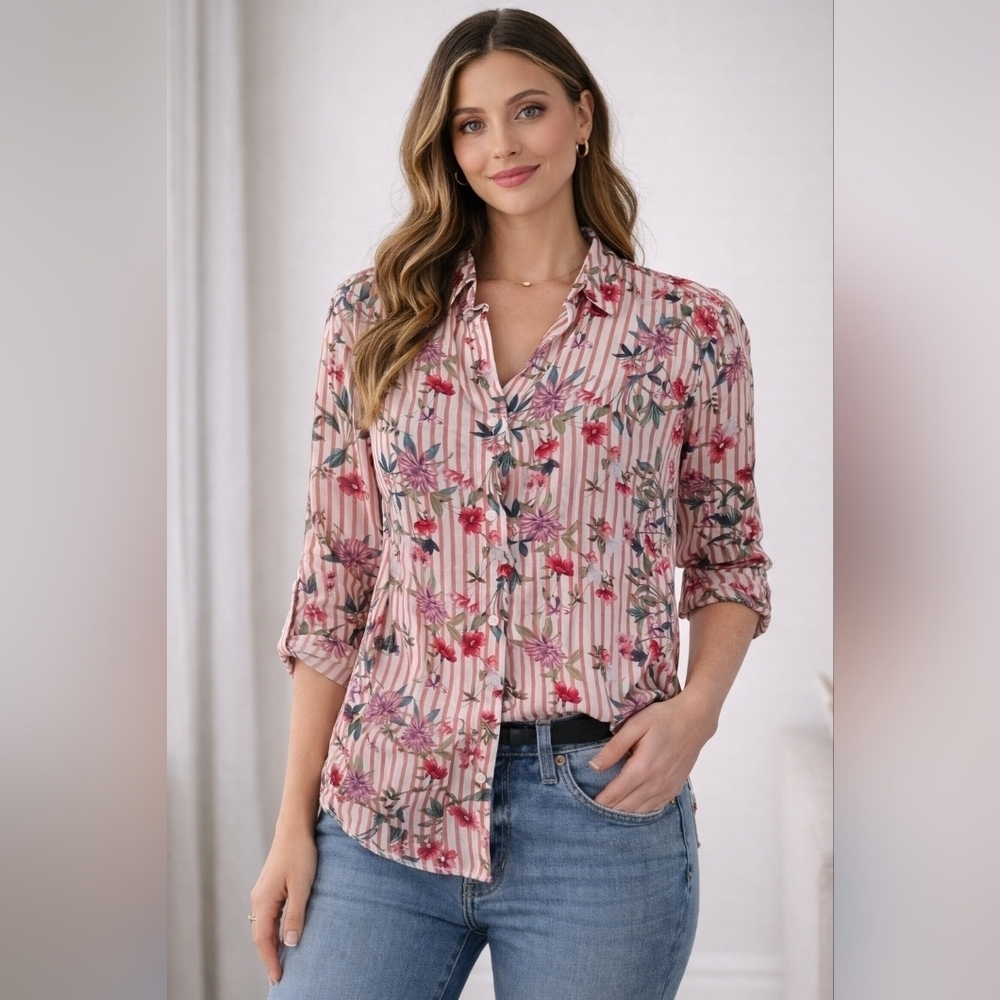Como Vintage Coral Floral Striped Women's Button Up Blouse Medium